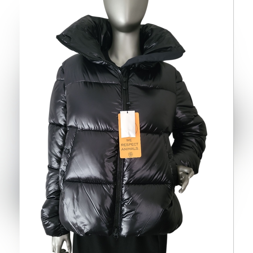 Save The Duck Isla Quilted Tall Standing Collar Puffer Womens Black Jacket 4/L